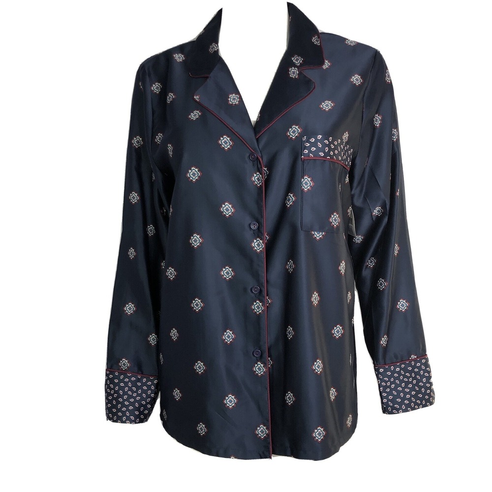 In Bloom By Jonquil Womens Navy Satin Button Down Pajama Shirt Top  Medium NWT